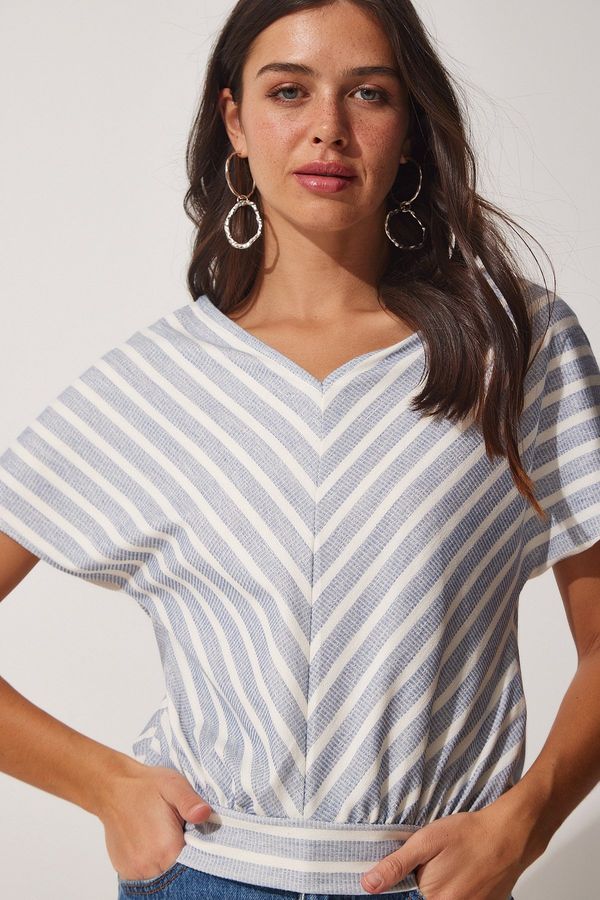 Happiness İstanbul Happiness İstanbul Women's Light Blue White Striped V-Neck Knitted Blouse