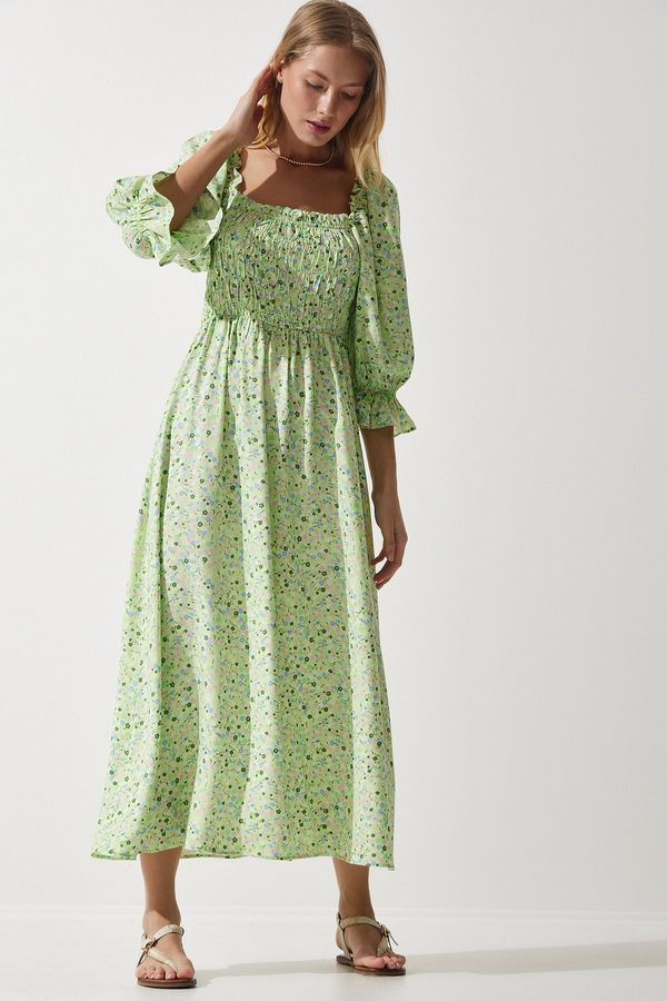 Happiness İstanbul Happiness İstanbul Women's Light Green Linen Surface Patterned Summer Woven Dress