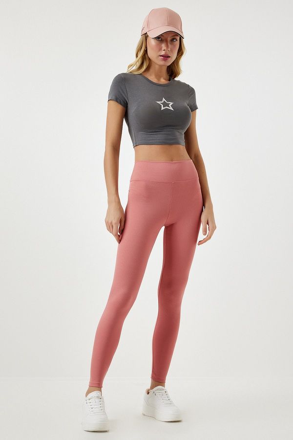 Happiness İstanbul Happiness İstanbul Women's Light Pale Pink High Waist Ribbed Seamless Knitted Leggings