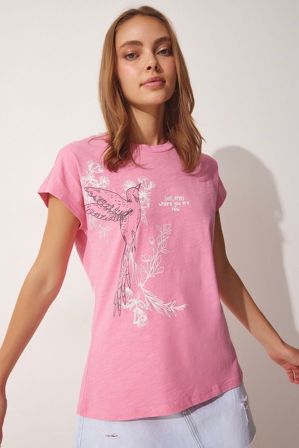 Happiness İstanbul Happiness İstanbul Women's Light Pink Printed Cotton T-Shirt