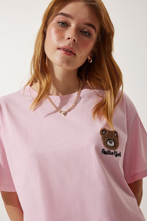 Happiness İstanbul Happiness İstanbul Women's Light Pink Teddy Bear Crest Crop Knitted T-Shirt