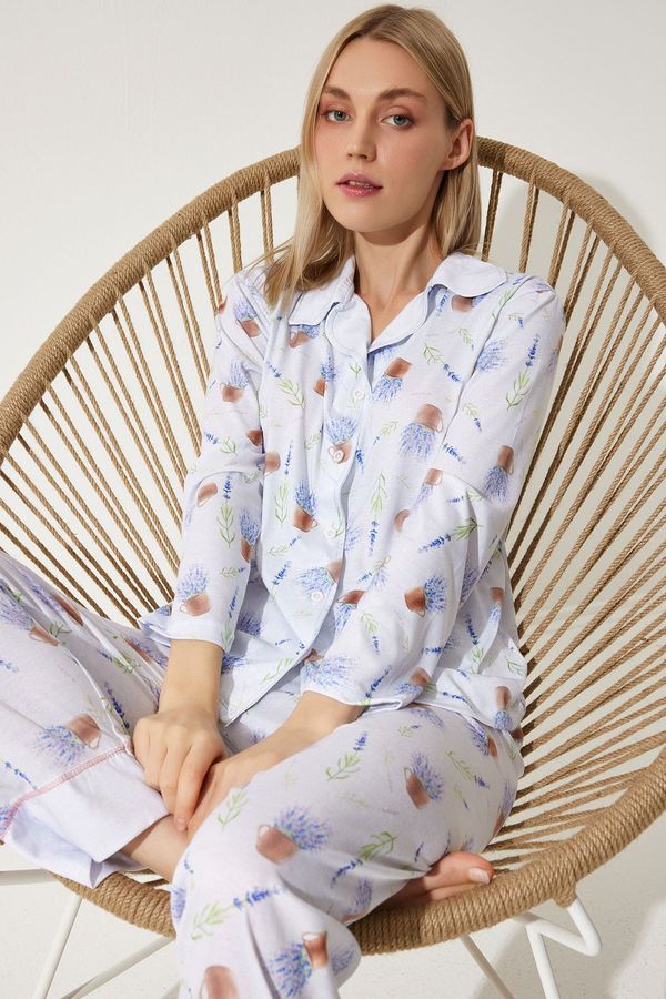 Happiness İstanbul Happiness İstanbul Women's Lilac Patterned Shirt-Pants Knitted Pajama Set