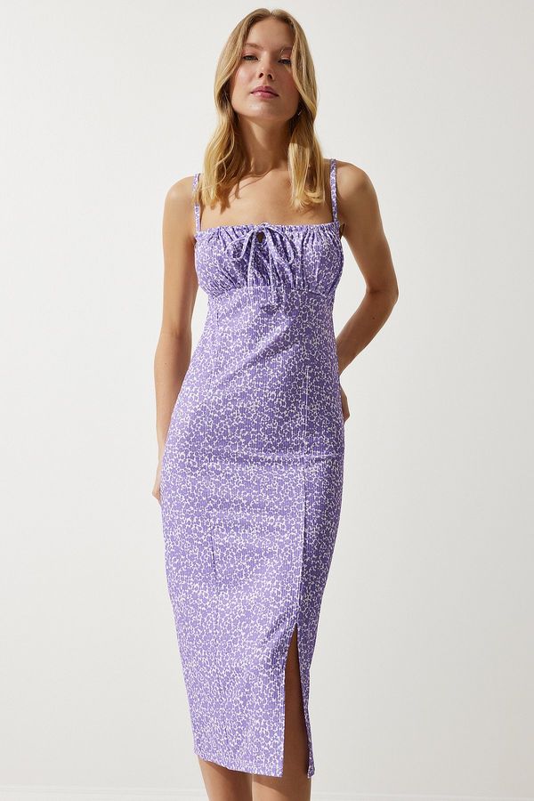 Happiness İstanbul Happiness İstanbul Women's Lilac White Floral Slit Summer Knitted Dress