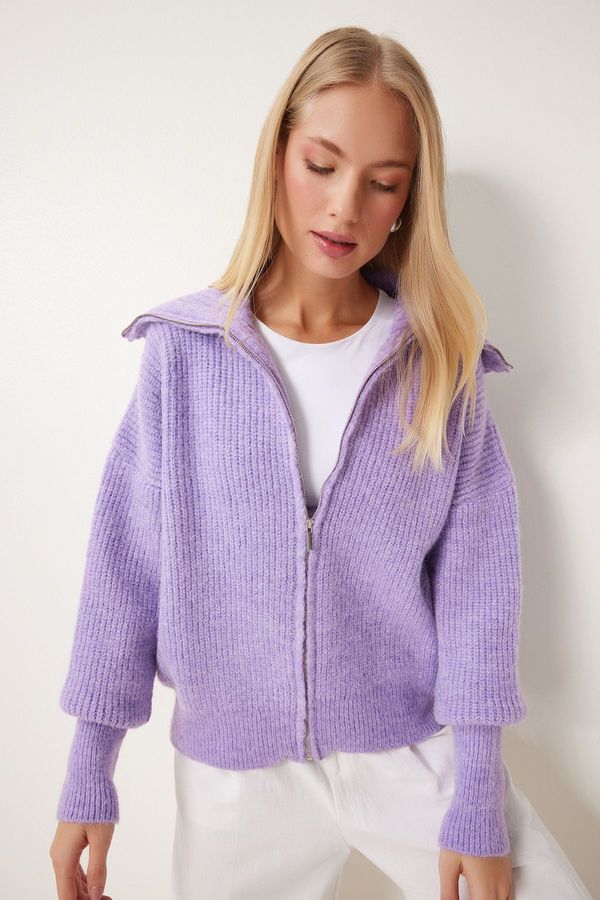 Happiness İstanbul Happiness İstanbul Women's Lilac Zippered Collar Knitwear Cardigan