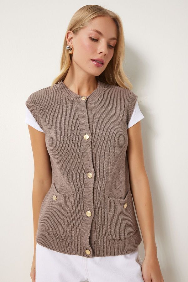 Happiness İstanbul Happiness İstanbul Women's Mink Stylish Buttoned Pocket Knitwear Vest