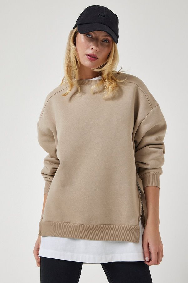 Happiness İstanbul Happiness İstanbul Women's Mink Zipper Detailed Raised Knitted Sweatshirt