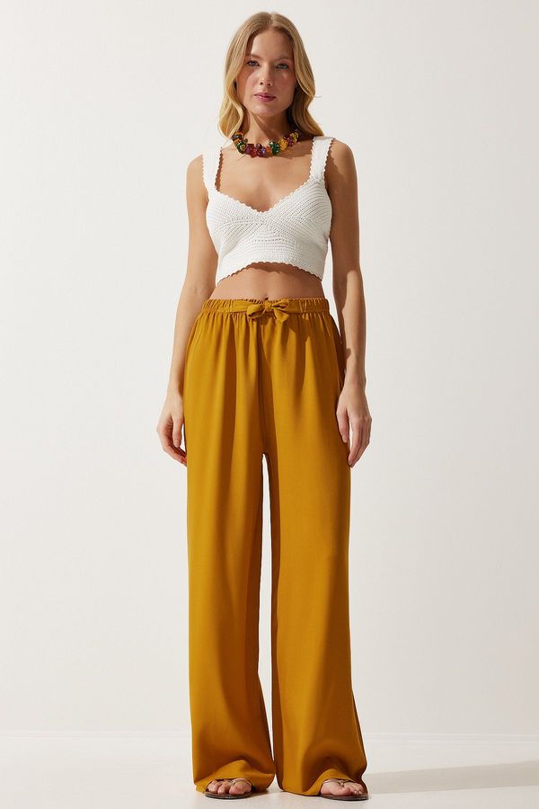 Happiness İstanbul Happiness İstanbul Women's Mustard Flowy Knitted Palazzo Trousers