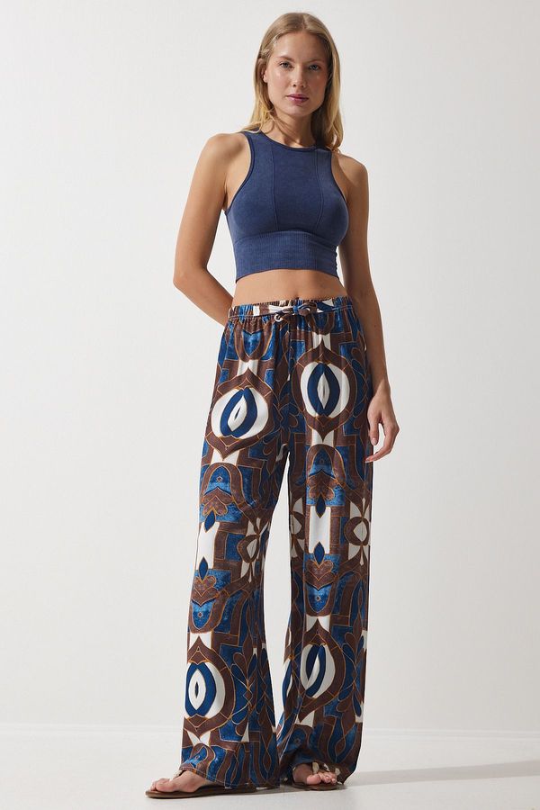 Happiness İstanbul Happiness İstanbul Women's Navy Blue Brown Patterned Flowing Viscose Palazzo Trousers