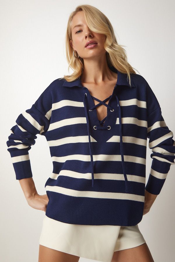 Happiness İstanbul Happiness İstanbul Women's Navy Blue Collar Laced Striped Knitwear Sweater