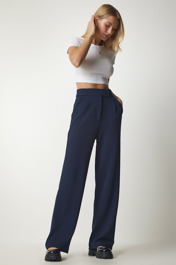 Happiness İstanbul Happiness İstanbul Women's Navy Blue Comfortable Woven Pants with Velcro Waist