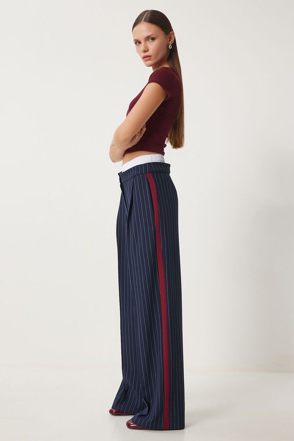 Happiness İstanbul Happiness İstanbul Women's Navy Blue Contrast Waist Detailed Striped Woven Trousers