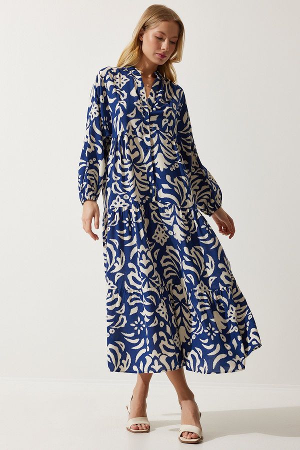 Happiness İstanbul Happiness İstanbul Women's Navy Blue Cream Patterned Buttoned Summer Viscose Dress