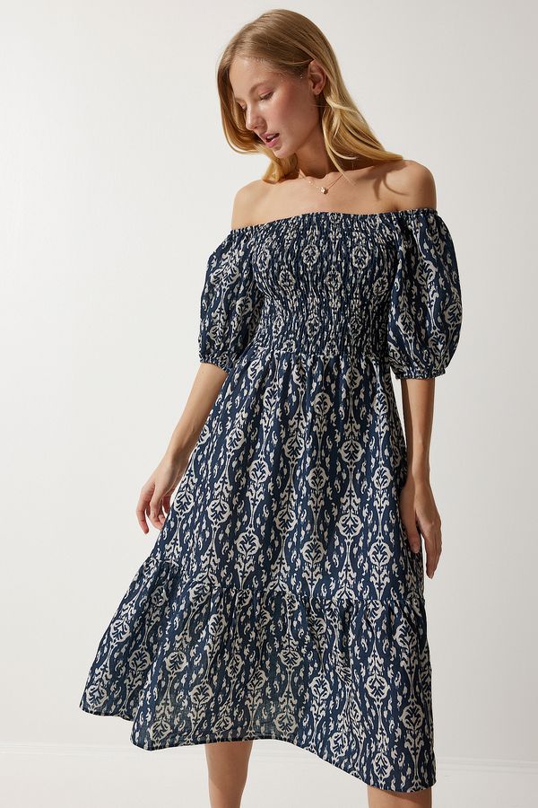 Happiness İstanbul Happiness İstanbul Women's Navy Blue Cream Patterned Summer Woven Dress