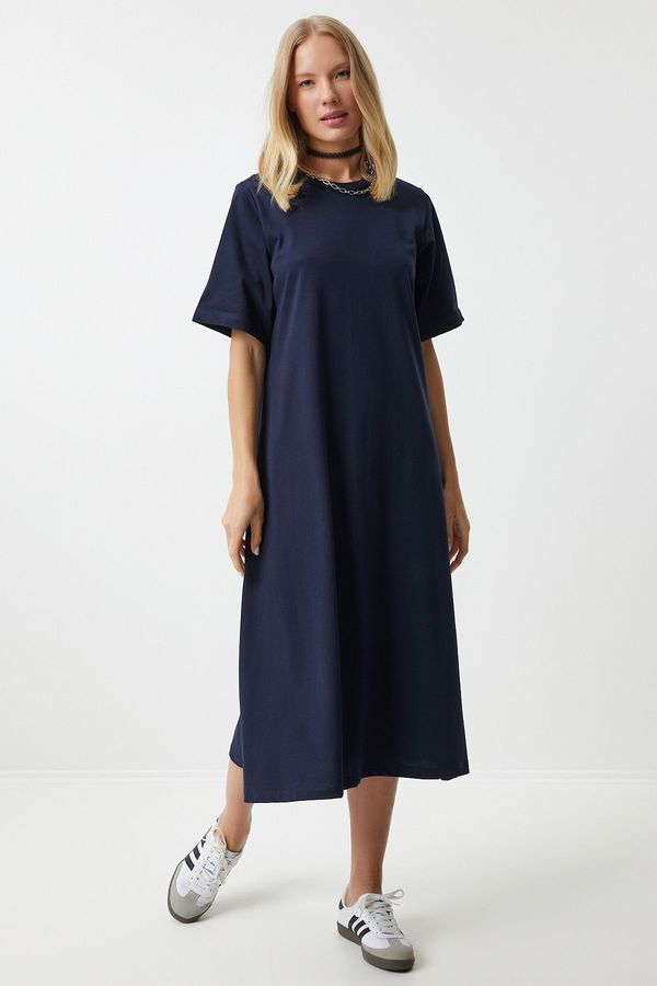 Happiness İstanbul Happiness İstanbul Women's Navy Blue Crew Neck Loose Comfortable Combed Cotton Dress