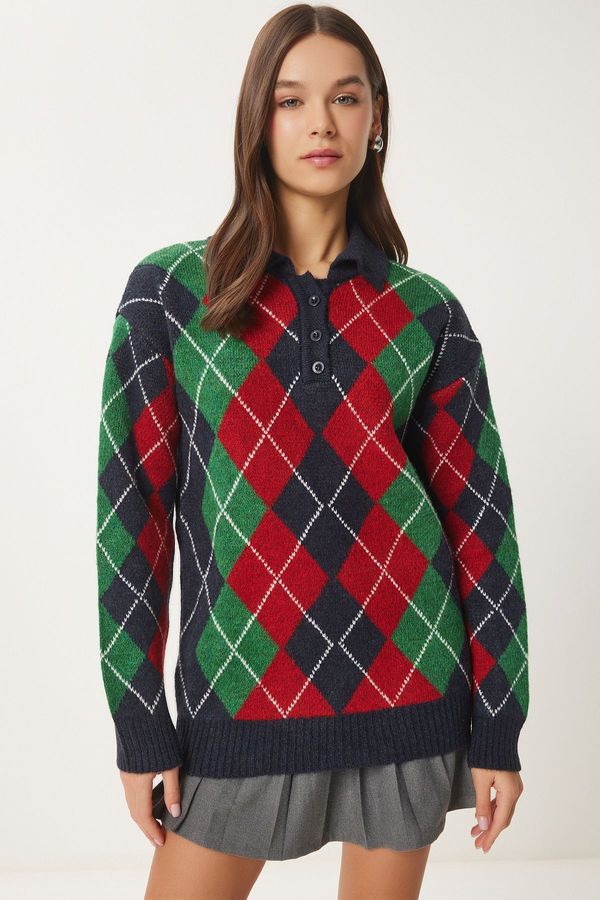 Happiness İstanbul Happiness İstanbul Women's Navy Blue Green Diamond Patterned Knitwear Sweater