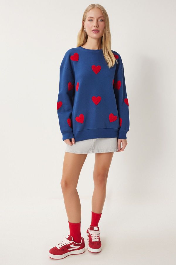 Happiness İstanbul Happiness İstanbul Women's Navy Blue Heart Textured Raised Knit Sweatshirt