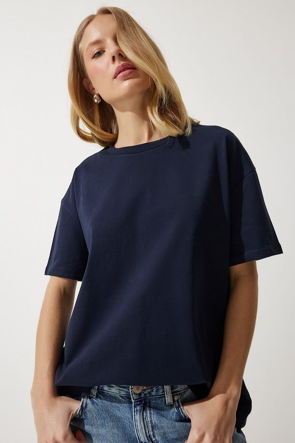 Happiness İstanbul Happiness İstanbul Women's Navy Blue Loose Basic Cotton T-Shirt