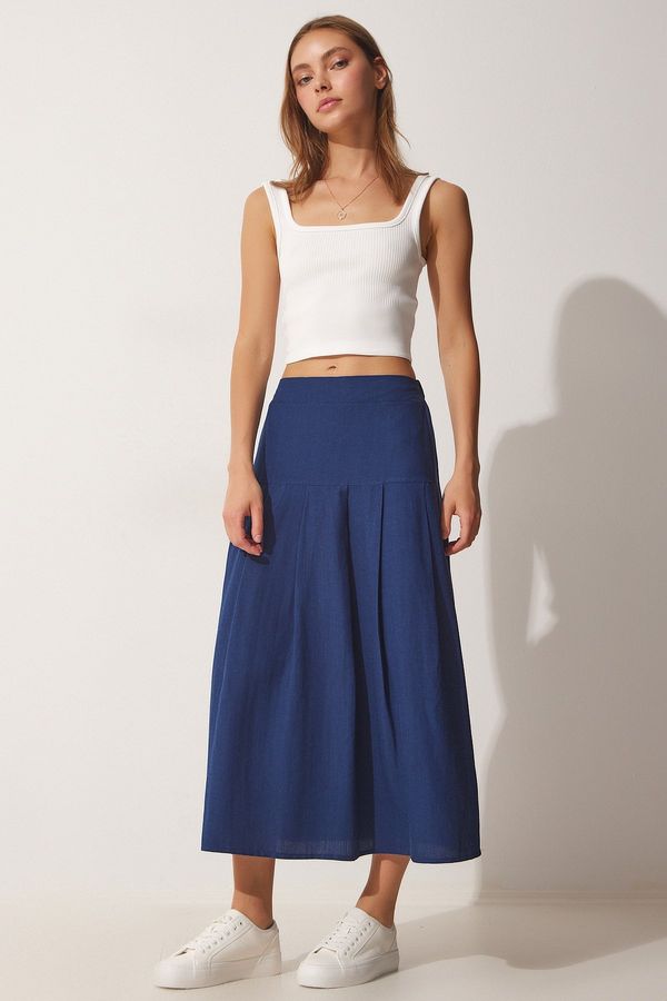Happiness İstanbul Happiness İstanbul Women's Navy Blue Pleated Summer Linen Skirt