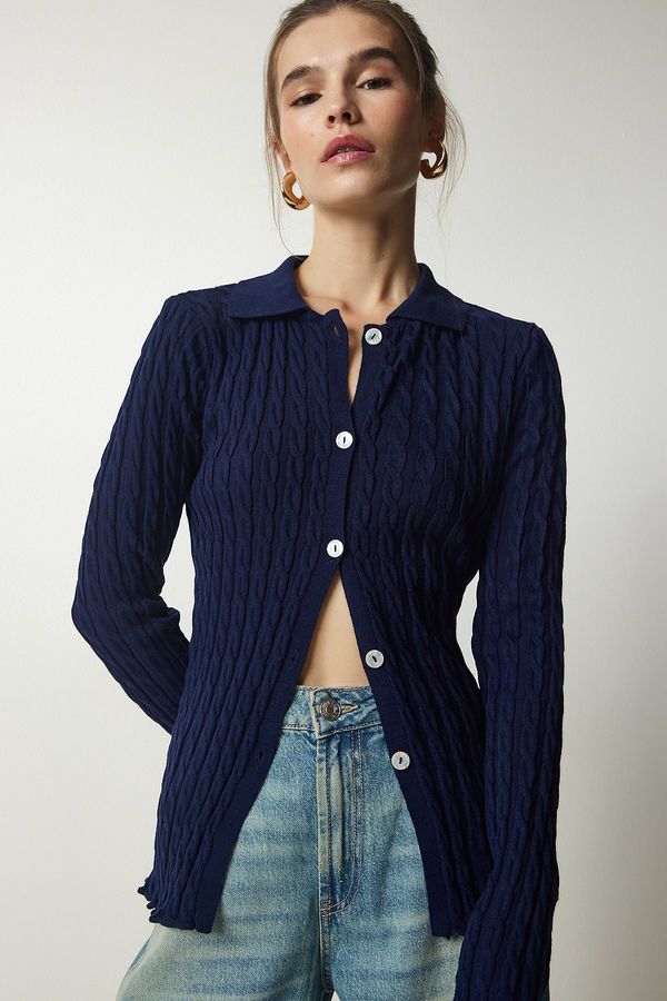 Happiness İstanbul Happiness İstanbul Women's Navy Blue Polo Collar Knitted Sweater Cardigan