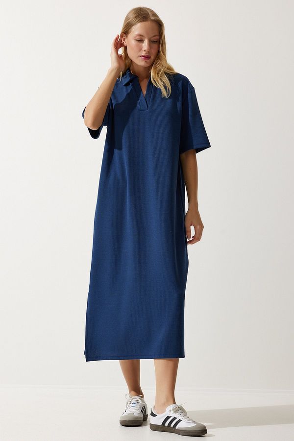 Happiness İstanbul Happiness İstanbul Women's Navy Blue Polo Neck Knitted Ribbed Dress