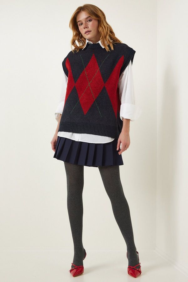 Happiness İstanbul Happiness İstanbul Women's Navy Blue Red Diamond Patterned Knitwear Sweater