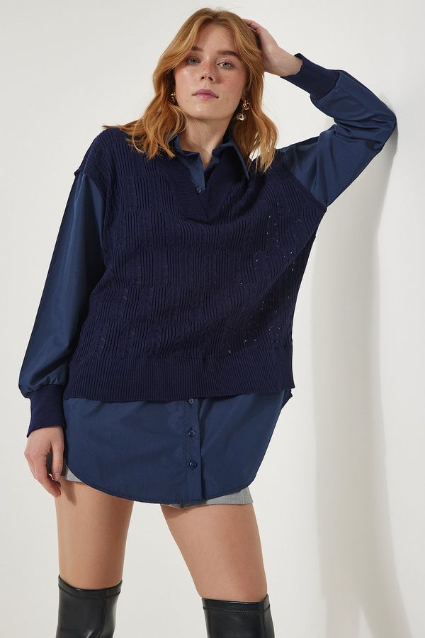 Happiness İstanbul Happiness İstanbul Women's Navy Blue Shirt Oversize Knitwear Sweater