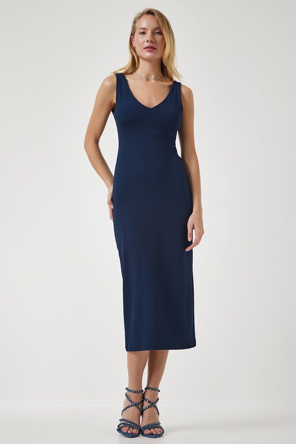 Happiness İstanbul Happiness İstanbul Women's Navy Blue Strap V Neck Ribbed Knitted Dress