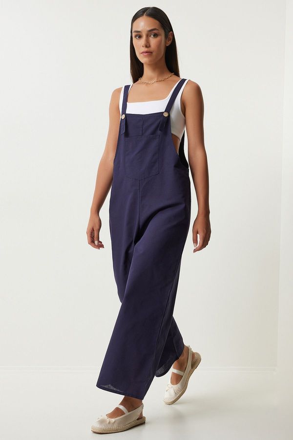 Happiness İstanbul Happiness İstanbul Women's Navy Blue Strappy Thin Gabardine Summer Gardener Overalls