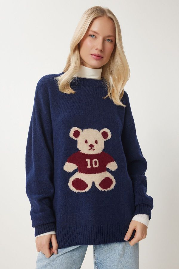 Happiness İstanbul Happiness İstanbul Women's Navy Blue Teddy Bear Textured Soft Knitwear Sweater