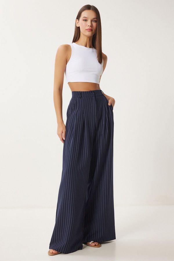 Happiness İstanbul Happiness İstanbul Women's Navy Blue Thin Striped Palazzo Woven Trousers
