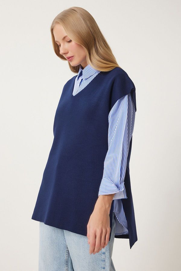 Happiness İstanbul Happiness İstanbul Women's Navy Blue V Neck Belted Long Knit Sweater