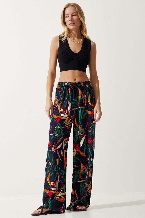 Happiness İstanbul Happiness İstanbul Women's Navy Blue Yellow Patterned Flowing Viscose Palazzo Trousers