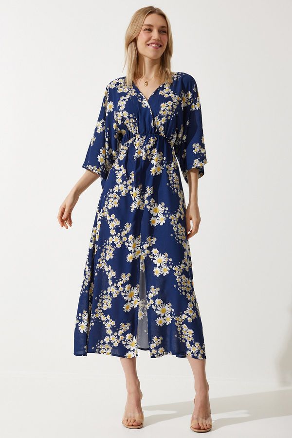 Happiness İstanbul Happiness İstanbul Women's Navy Blue Yellow Wrap Collar Patterned Summer Viscose Dress