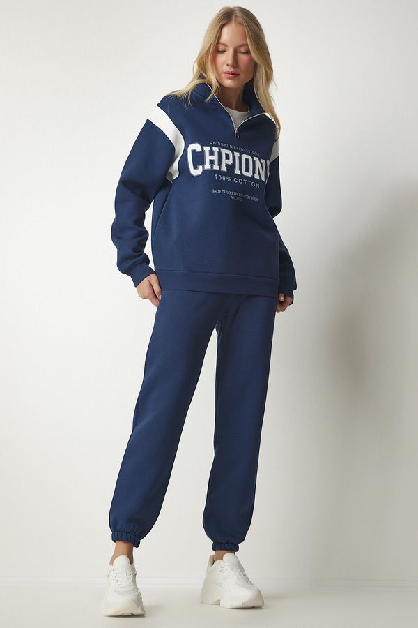 Happiness İstanbul Happiness İstanbul Women's Navy Blue Zipper Collar Printed Raised Tracksuit