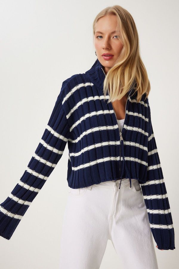 Happiness İstanbul Happiness İstanbul Women's Navy Blue Zippered Striped Stand Collar Knitwear Cardigan