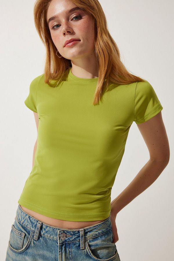 Happiness İstanbul Happiness İstanbul Women's Oil Green Crew Neck Basic Sandy T-Shirt