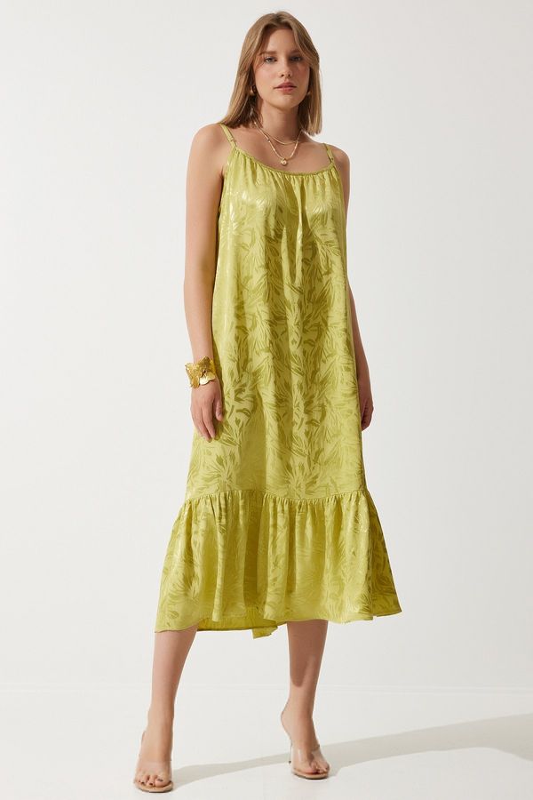Happiness İstanbul Happiness İstanbul Women's Oil Green Strappy Jacquard Loose Summer Dress