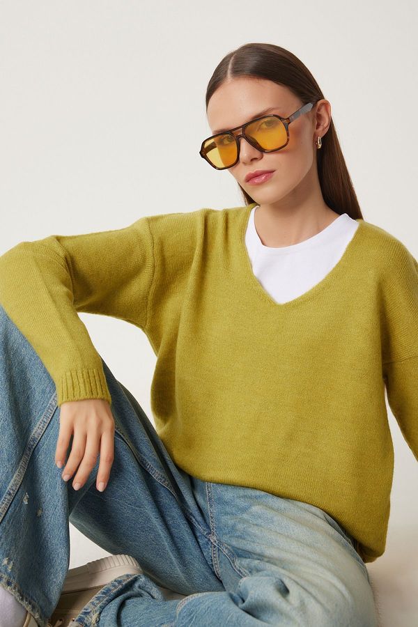 Happiness İstanbul Happiness İstanbul Women's Oil Green V-Neck Knitwear Sweater