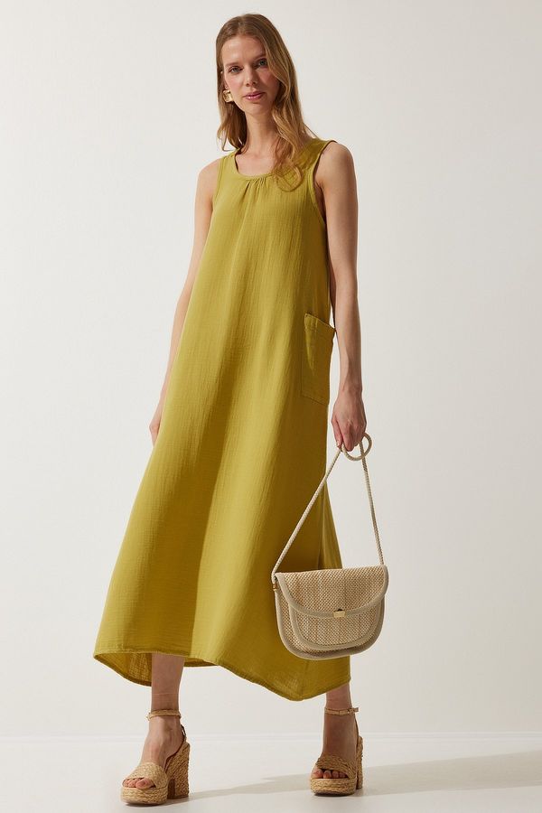 Happiness İstanbul Happiness İstanbul Women's Oil Green Wide Pocketed Summer Muslin Dress