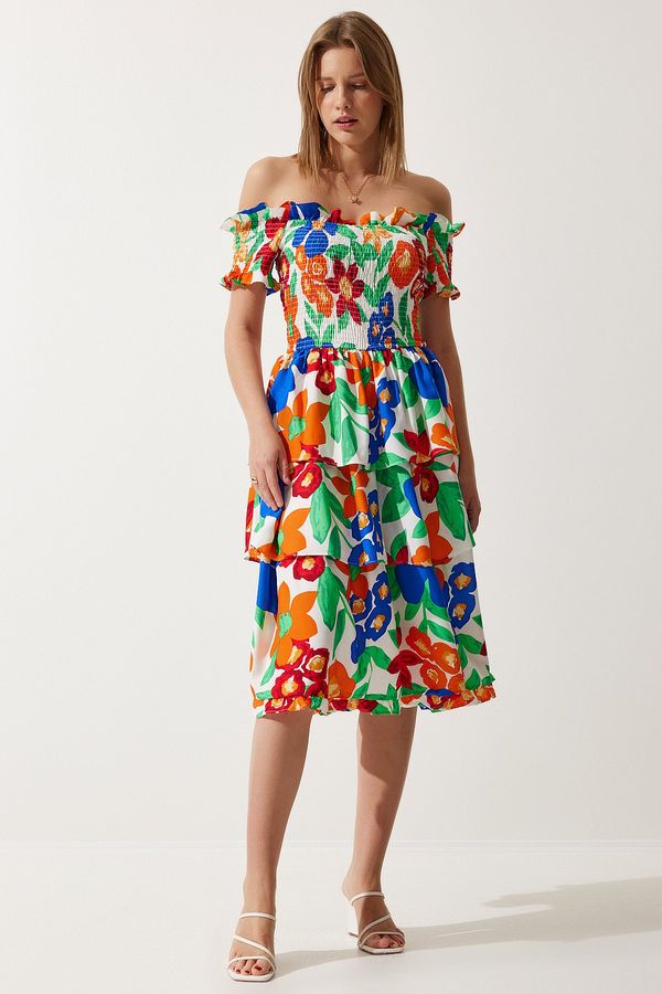 Happiness İstanbul Happiness İstanbul Women's Orange Blue Floral Flounce Summer Viscose Dress