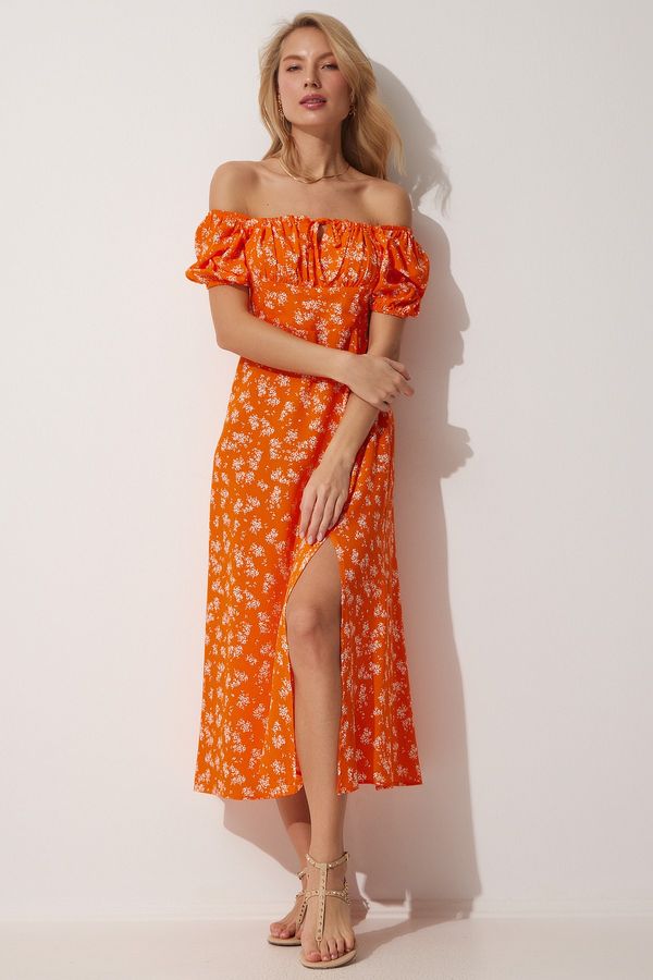 Happiness İstanbul Happiness İstanbul Women's Orange Carmen Collar Floral Summer Viscose Dress