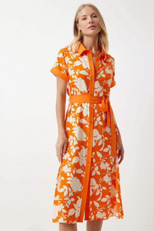 Happiness İstanbul Happiness İstanbul Women's Orange Floral Summer Slim Viscose Dress