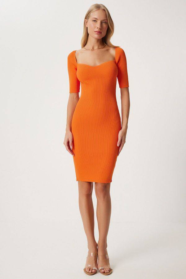 Happiness İstanbul Happiness İstanbul Women's Orange Heart Neck Ribbed Wrap Mini Knit Dress