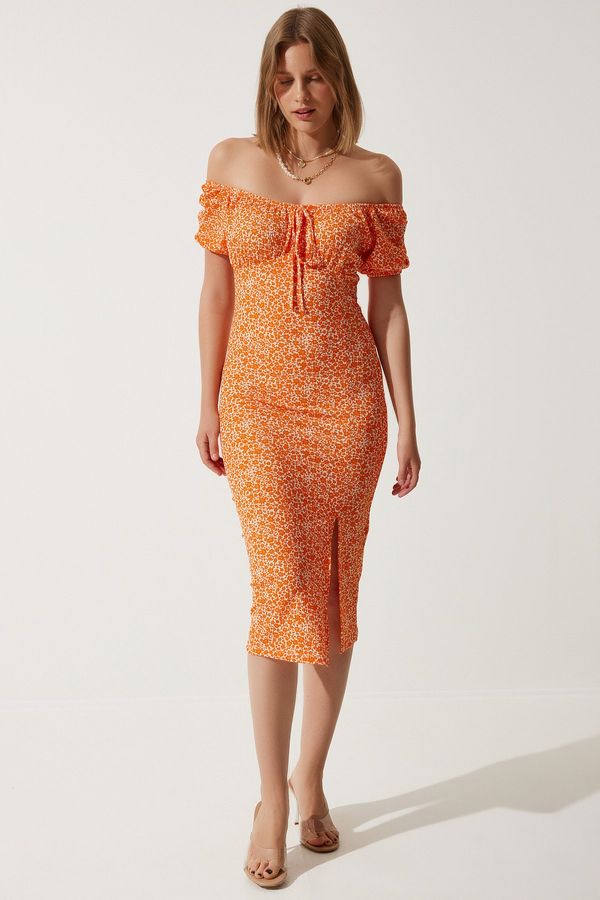 Happiness İstanbul Happiness İstanbul Women's Orange Patterned Gathered Knitted Dress