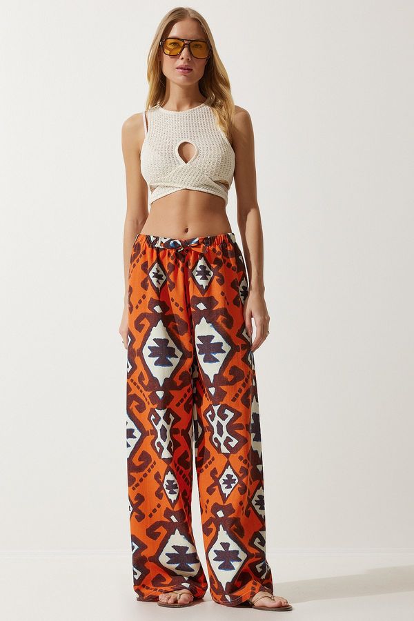 Happiness İstanbul Happiness İstanbul Women's Orange Patterned Raw Linen Palazzo Trousers