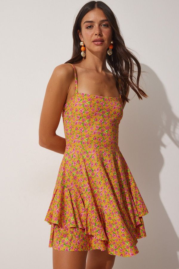 Happiness İstanbul Happiness İstanbul Women's Orange-Pink Patterned Summer Ruffle Knitted Dress