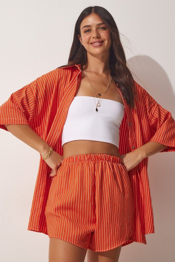 Happiness İstanbul Happiness İstanbul Women's Orange Striped Shirt and Shorts Set