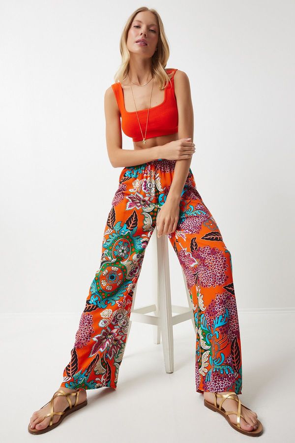 Happiness İstanbul Happiness İstanbul Women's Orange Turquoise Patterned Flowing Viscose Palazzo Trousers