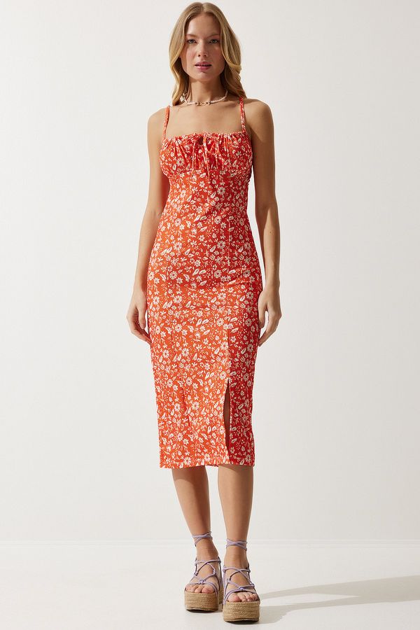 Happiness İstanbul Happiness İstanbul Women's Orange White Floral Slit Knitted Summer Dress