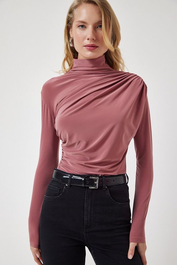 Happiness İstanbul Happiness İstanbul Women's Pale Pink Gathered Detailed High Neck Sandy Blouse